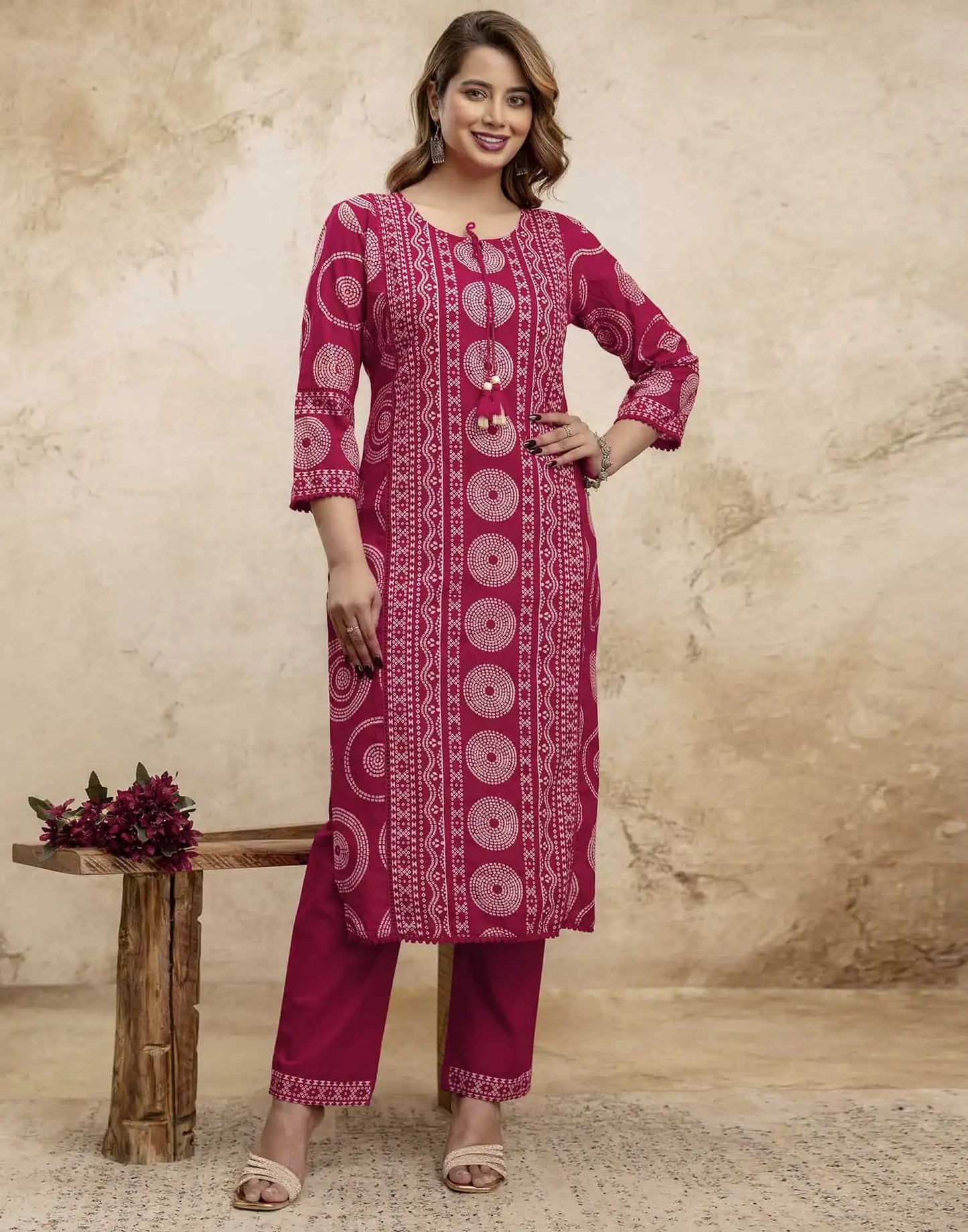 Pink Cotton Bandhani Printed Straight Kurta Set with Pant and Dupatta