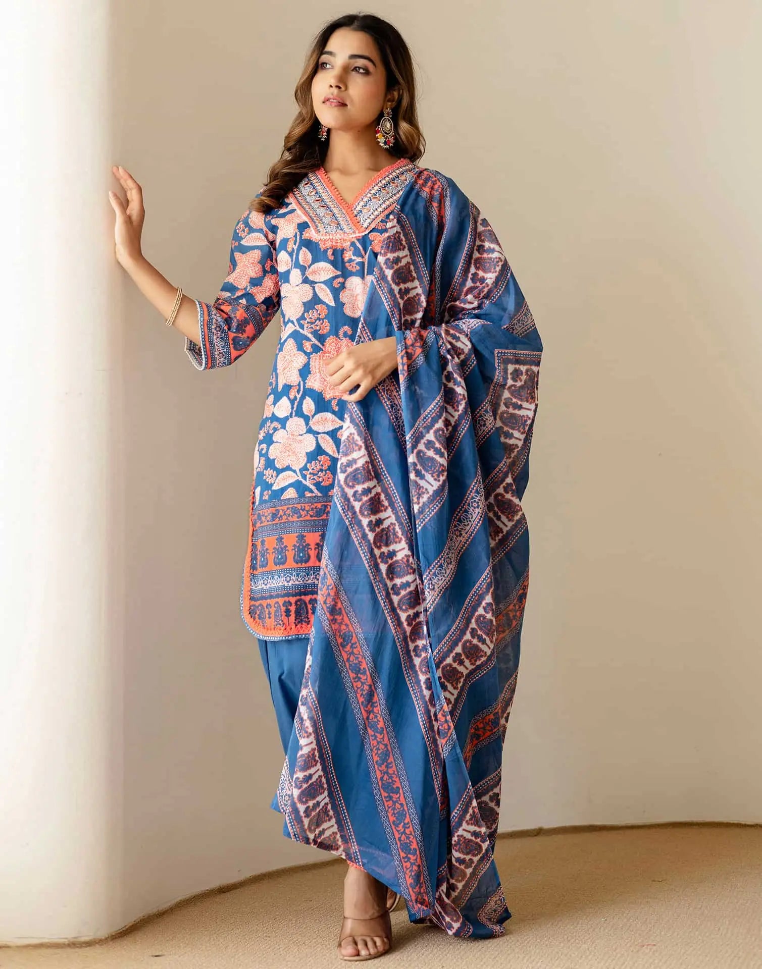 Affordable Blue Cotton Printed Straight Kurta Set with Patiala & Dupatta under 999