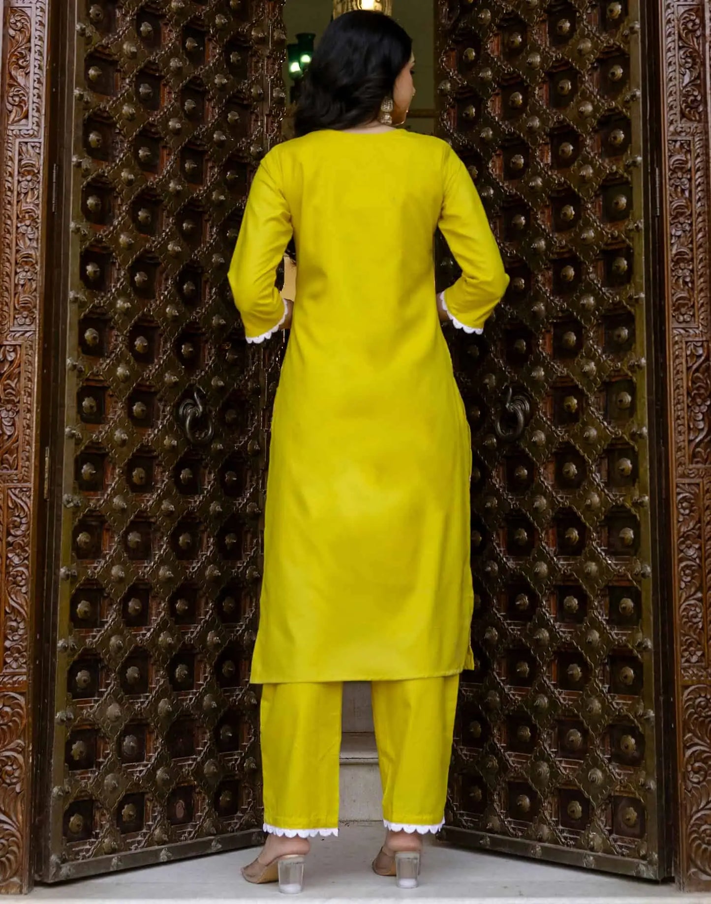 Yellow Cotton Blend Embroidery and Sequins Work Straight Kurta Set for Women