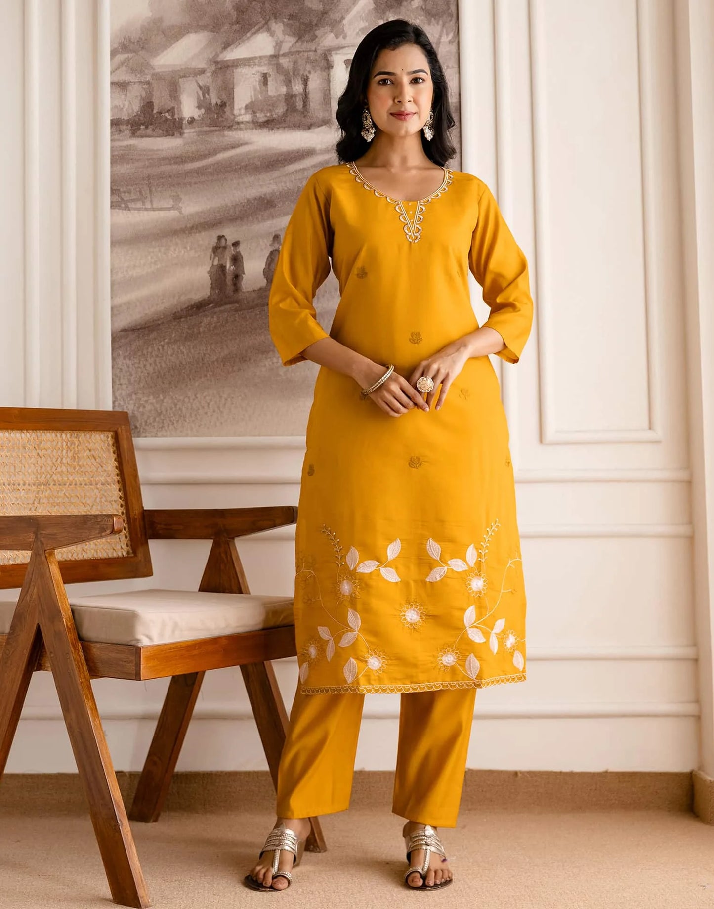 Silk Blend Embroidered Straight Kurta with Pant & Dupatta