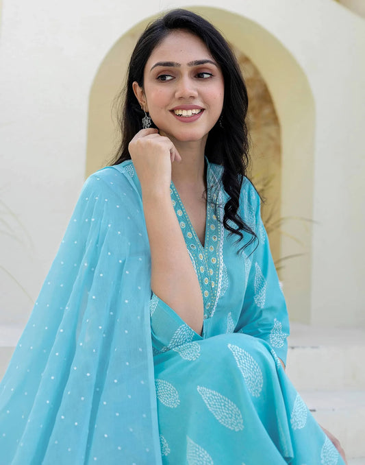 Cotton Printed, Embroidery and Sequins Work, Lace Straight Kurta with Pant & Dupatta