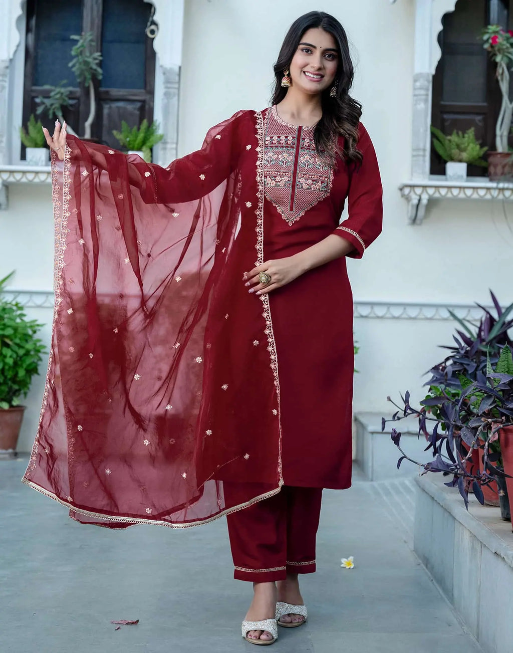 Maroon silk straight kurta set with dupatta under 799 festive wear