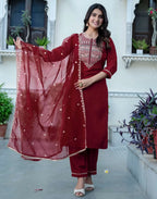 Maroon silk straight kurta set with dupatta under 799 festive wear