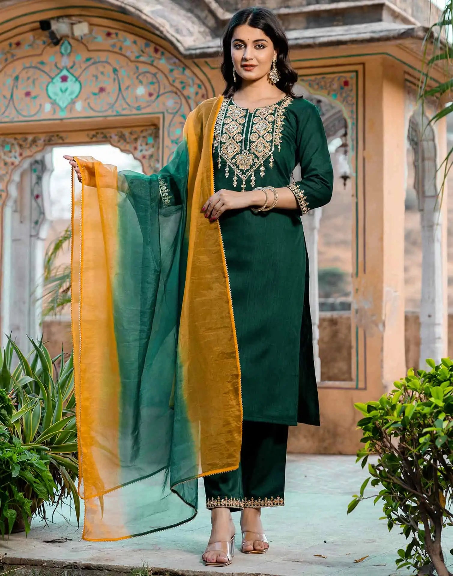 Dark Green Cotton Sequin and Embroidered Straight Kurta Set with Pant & Dupatta for Women