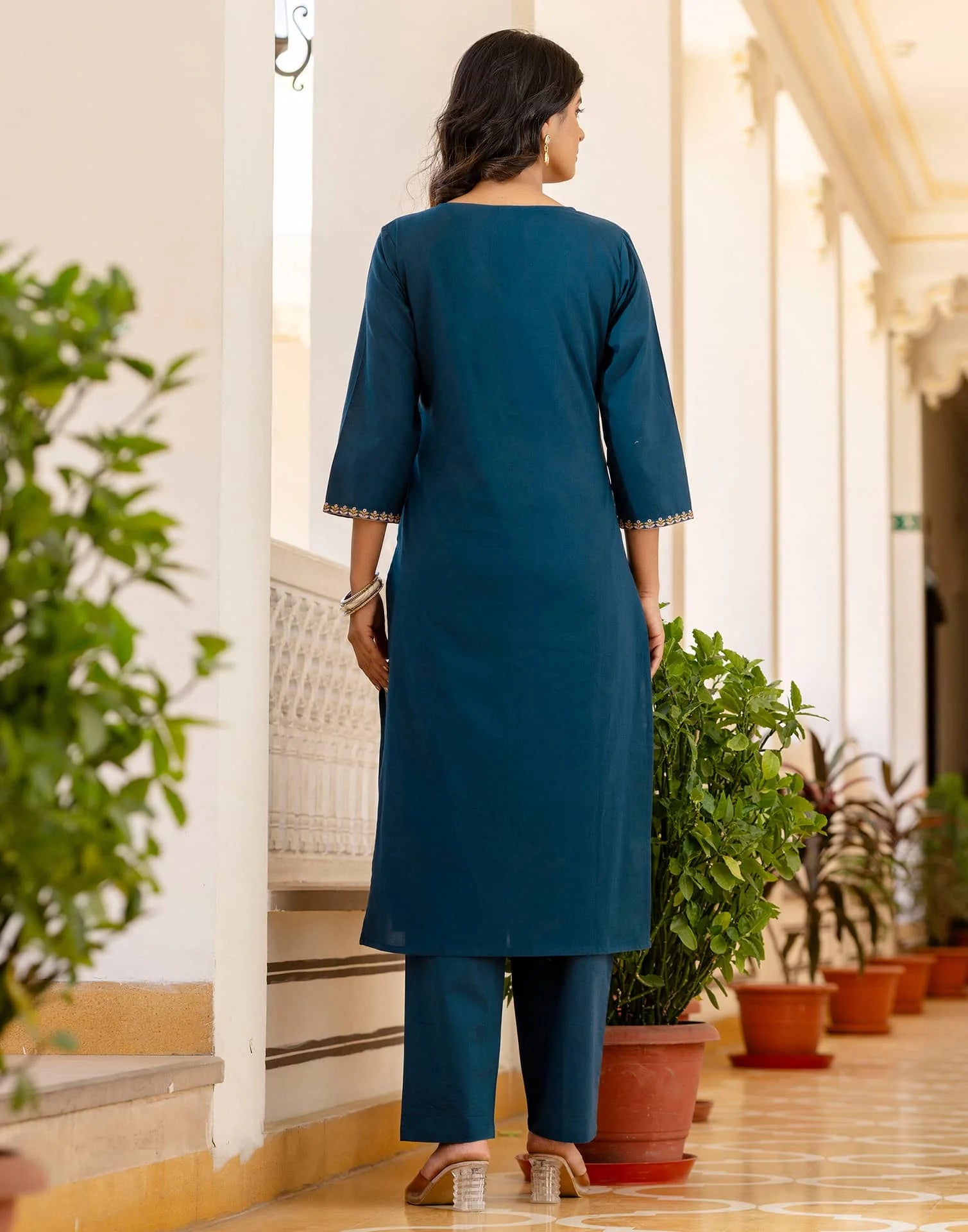 Skylee Blue Cotton Embroidered Straight Kurta Set for Women