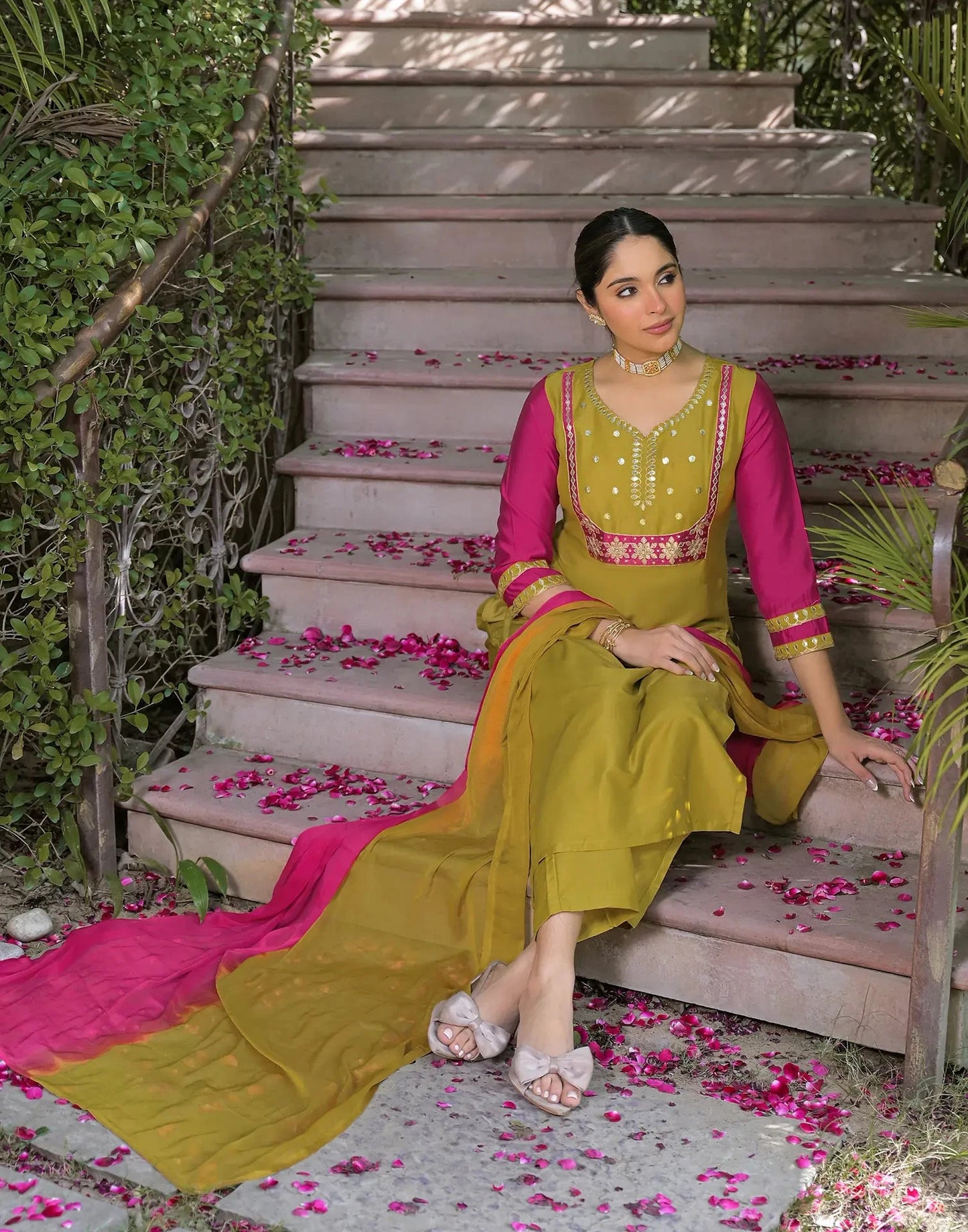 Silk Embroidered Sweetheart Neck Straight Kurta with Pant & Dupatta