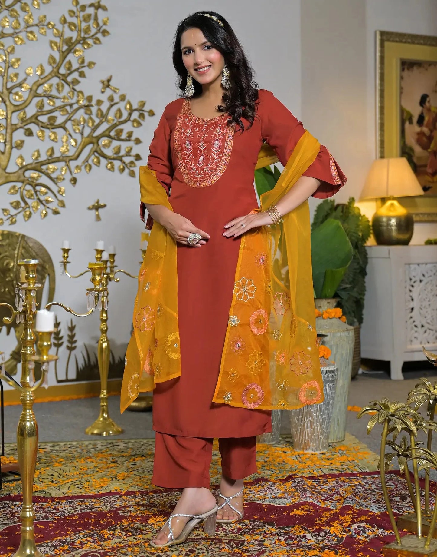 Chinnon Embroidered Round Neck Straight Kurta with Pant & Dupatta