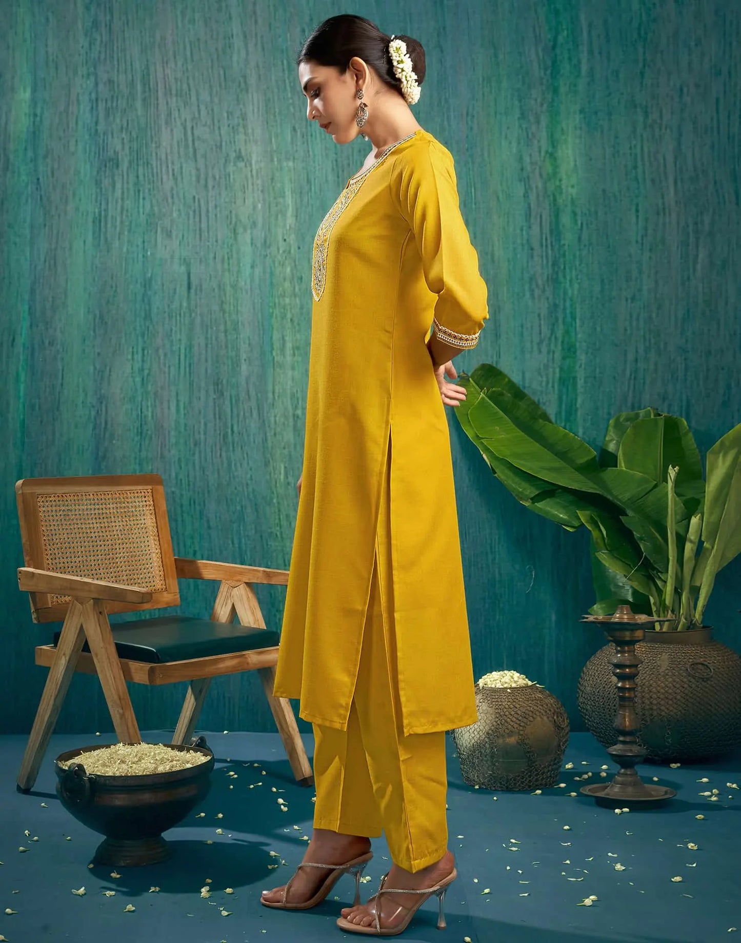 Cotton Blend Embroidery and Lace Straight Kurta with Pant & Dupatta