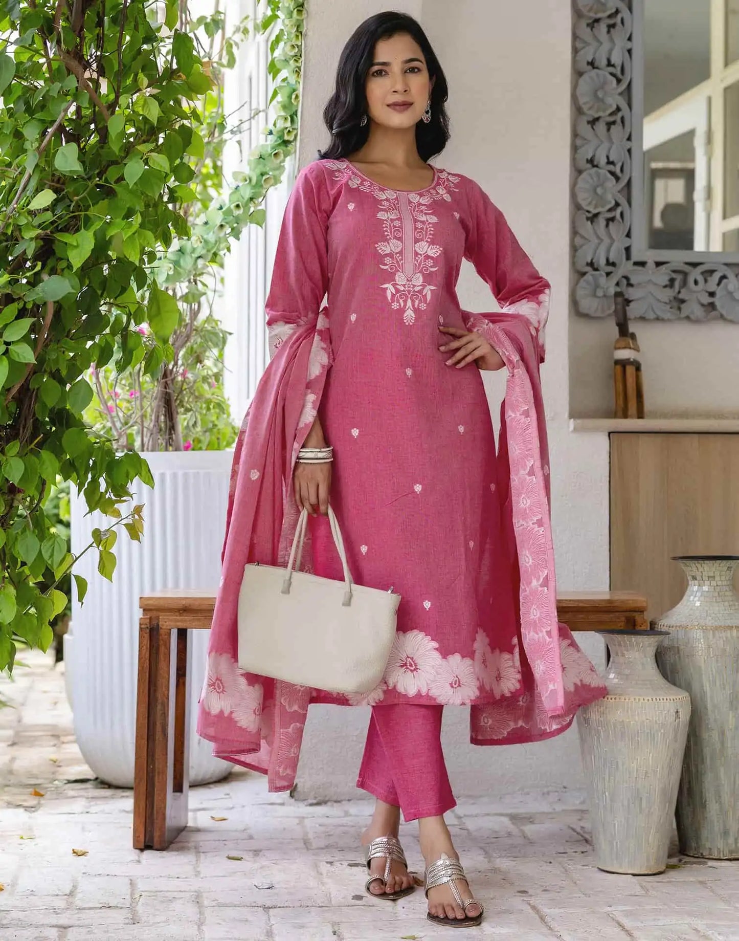 Cotton Straight Woven Design Round Neck Kurta with Pant & Dupatta