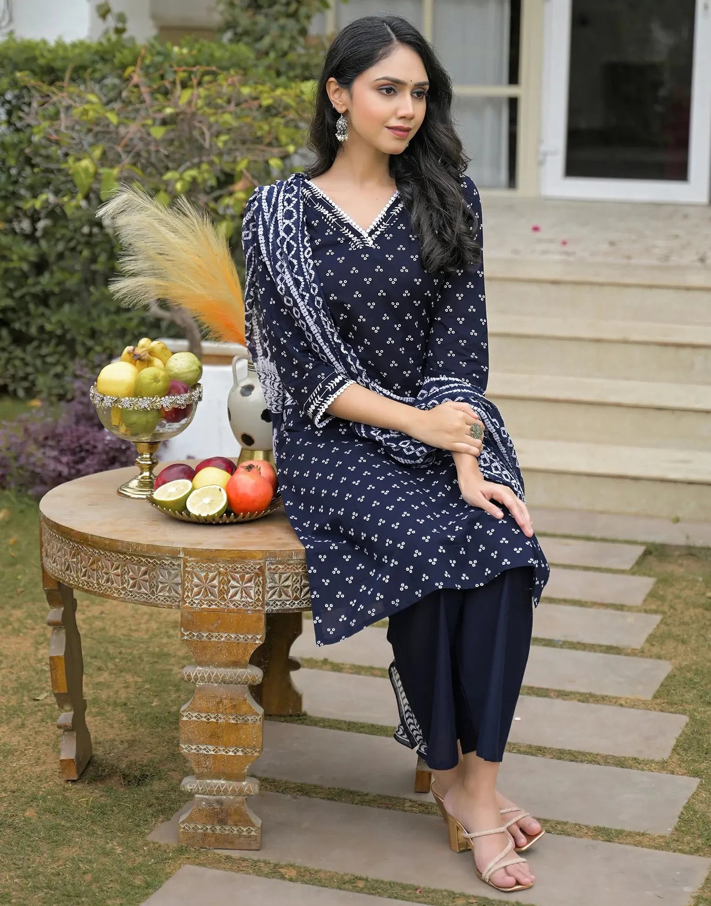 Cotton Printed V-Neck Straight Kurta with Pant & Dupatta