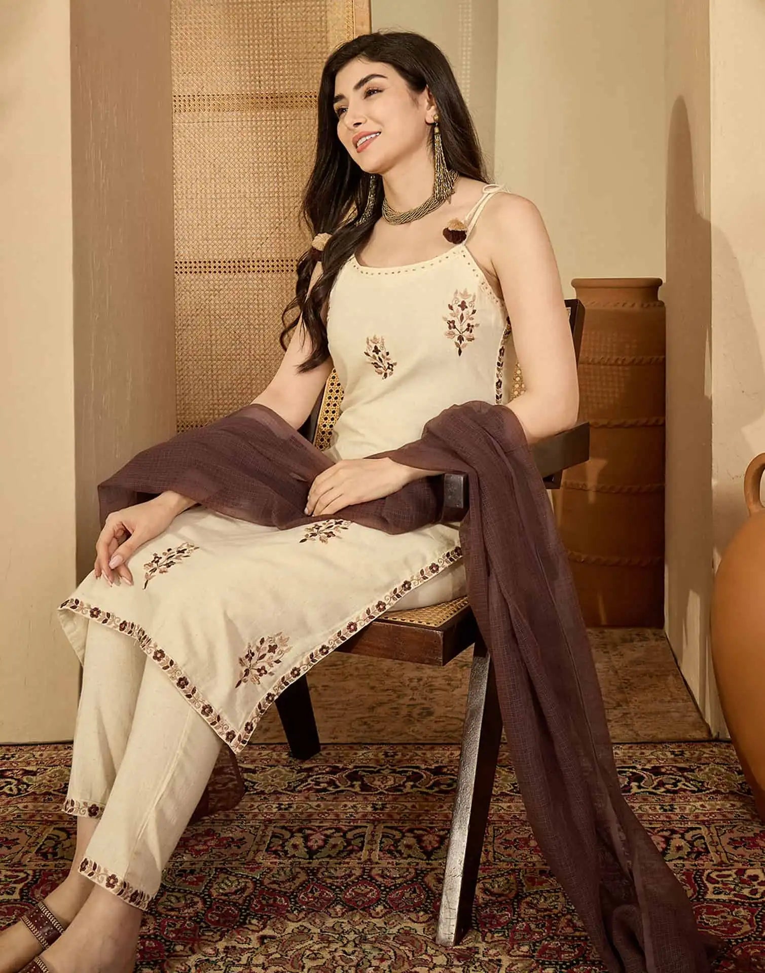 Beige Cotton Embroidered Straight Kurta Set with Pant & Dupatta Affordable Square Neck Ethnic Kurti for Casual