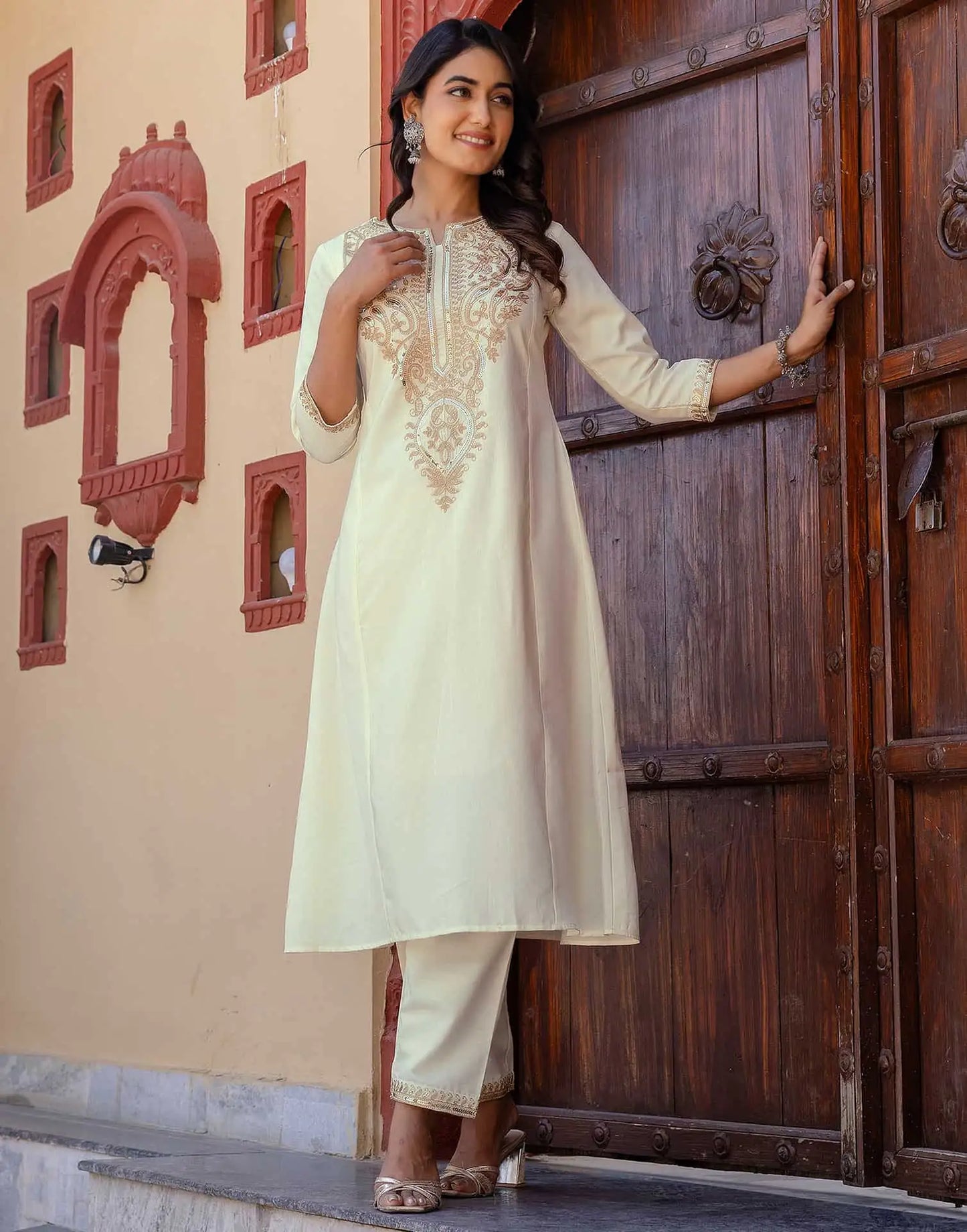 Cotton Blend Sequence, Embroidery Work and Lace Straight Kurta with Pant & Dupatta
