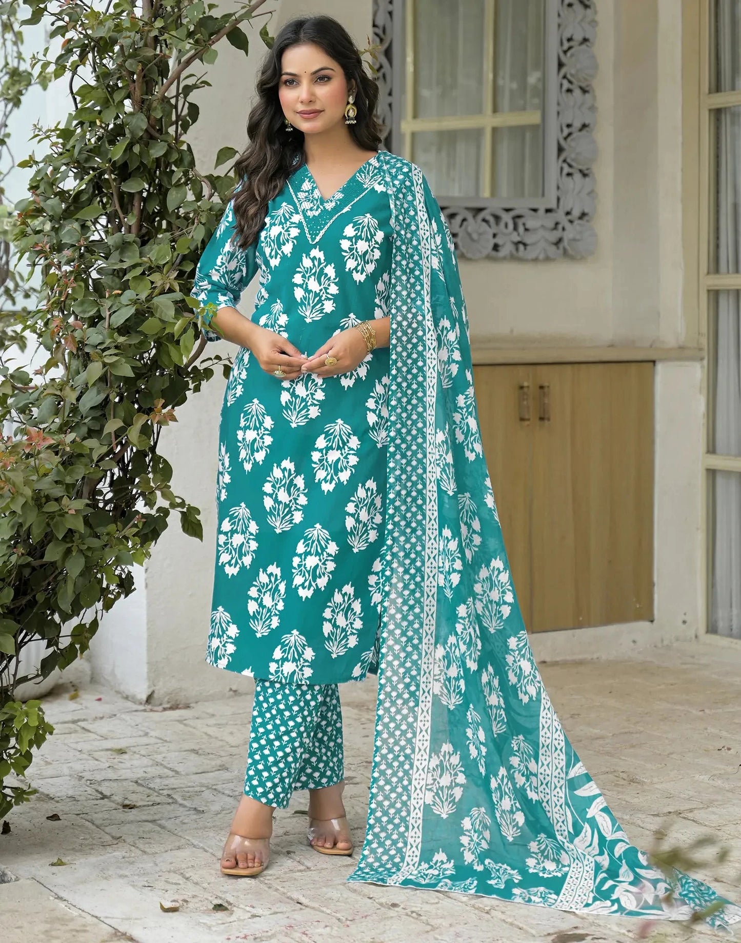 Cotton Embroidered V-Neck Straight Kurta with Pant & Dupatta