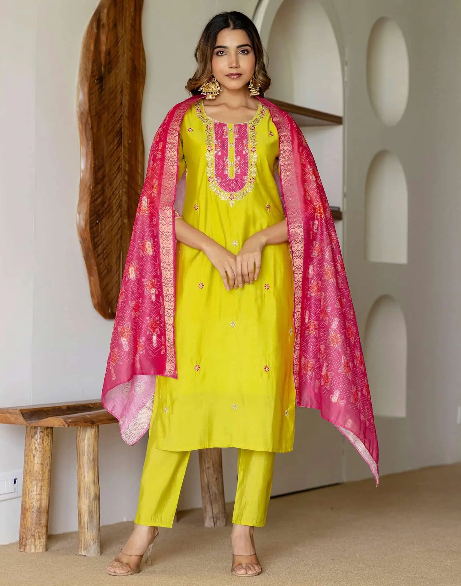 Yellow Silk Embroidered Straight Kurta Set with Pant & Dupatta under 1299 