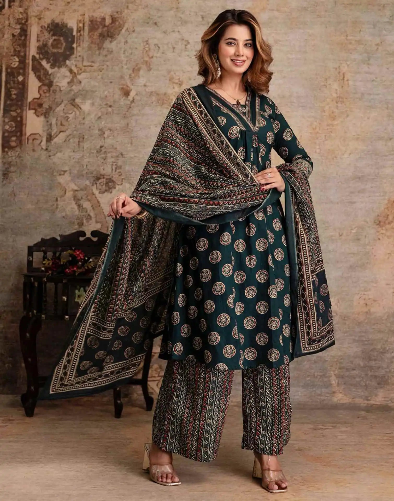 Green Cotton Printed V-Neck Kurta Set with Pant & Dupatta Affordable Ethnic Casual Wear