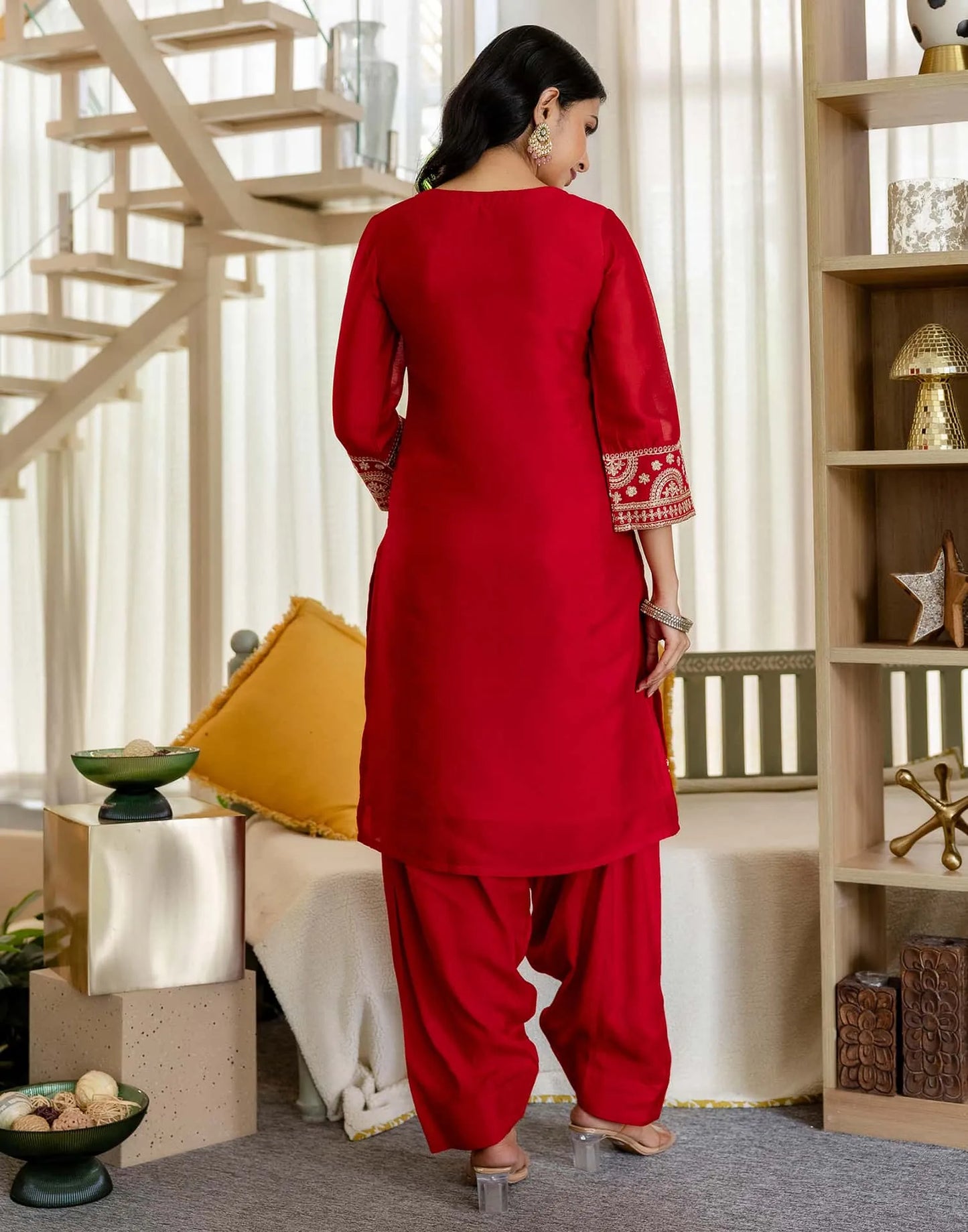 Silk Straight Embroidery Round Neck Kurta with Pant & Dupatta