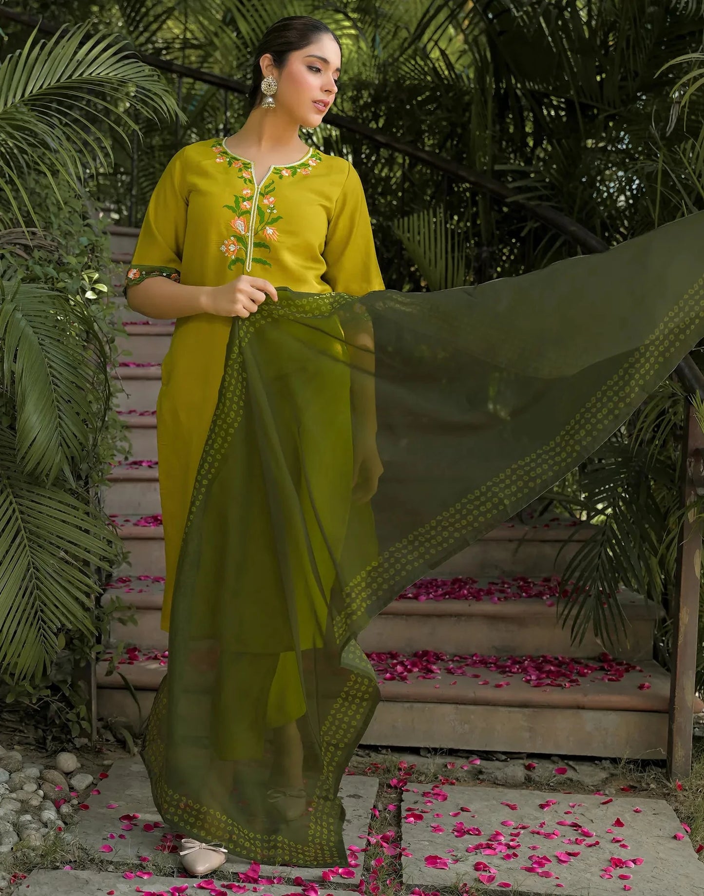 Silk Embroidered V-Neck Straight Kurta with Pant & Dupatta