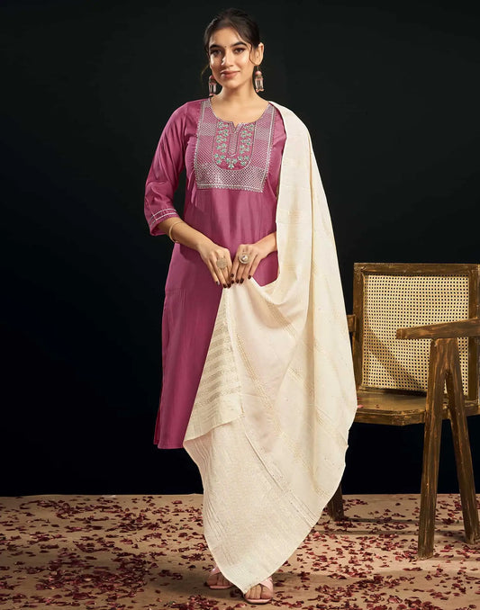 Silk Blend Embroidered Straight Kurta with Pant & Dupatta