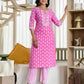 Affordable Red Cotton Printed Straight Kurta Set Round-Neck Cotton Kurti with Pant & Dupatta
