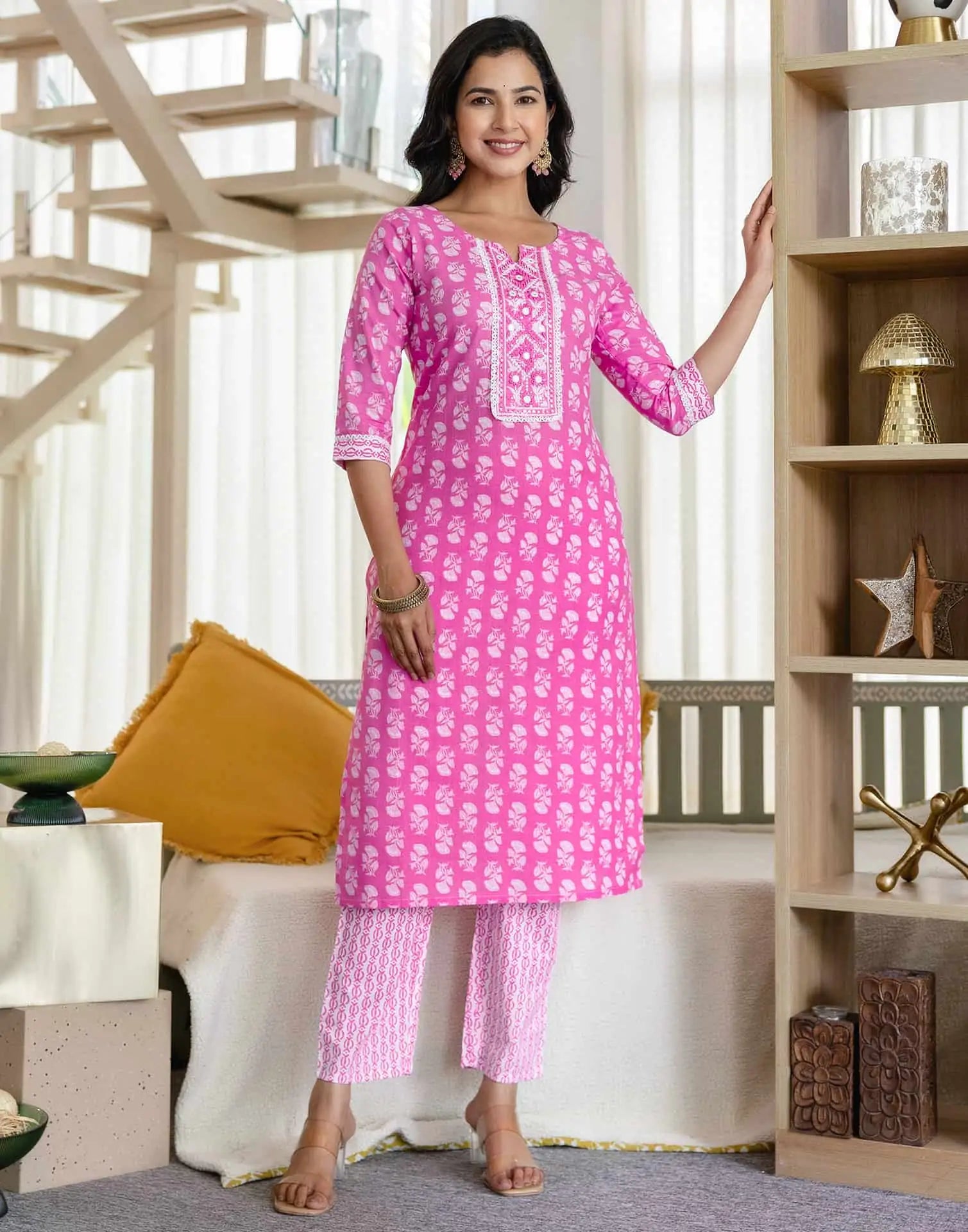 Affordable Red Cotton Printed Straight Kurta Set Round-Neck Cotton Kurti with Pant & Dupatta