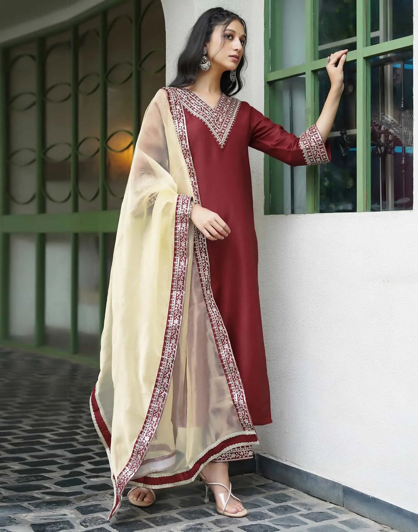 Silk Blend Sequins Embroidery Lace Straight Kurta with Pant & Dupatta