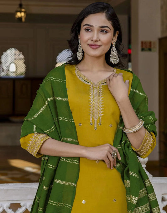 Yellow Silk Embroidered Straight Kurta with Pant and Dupatta