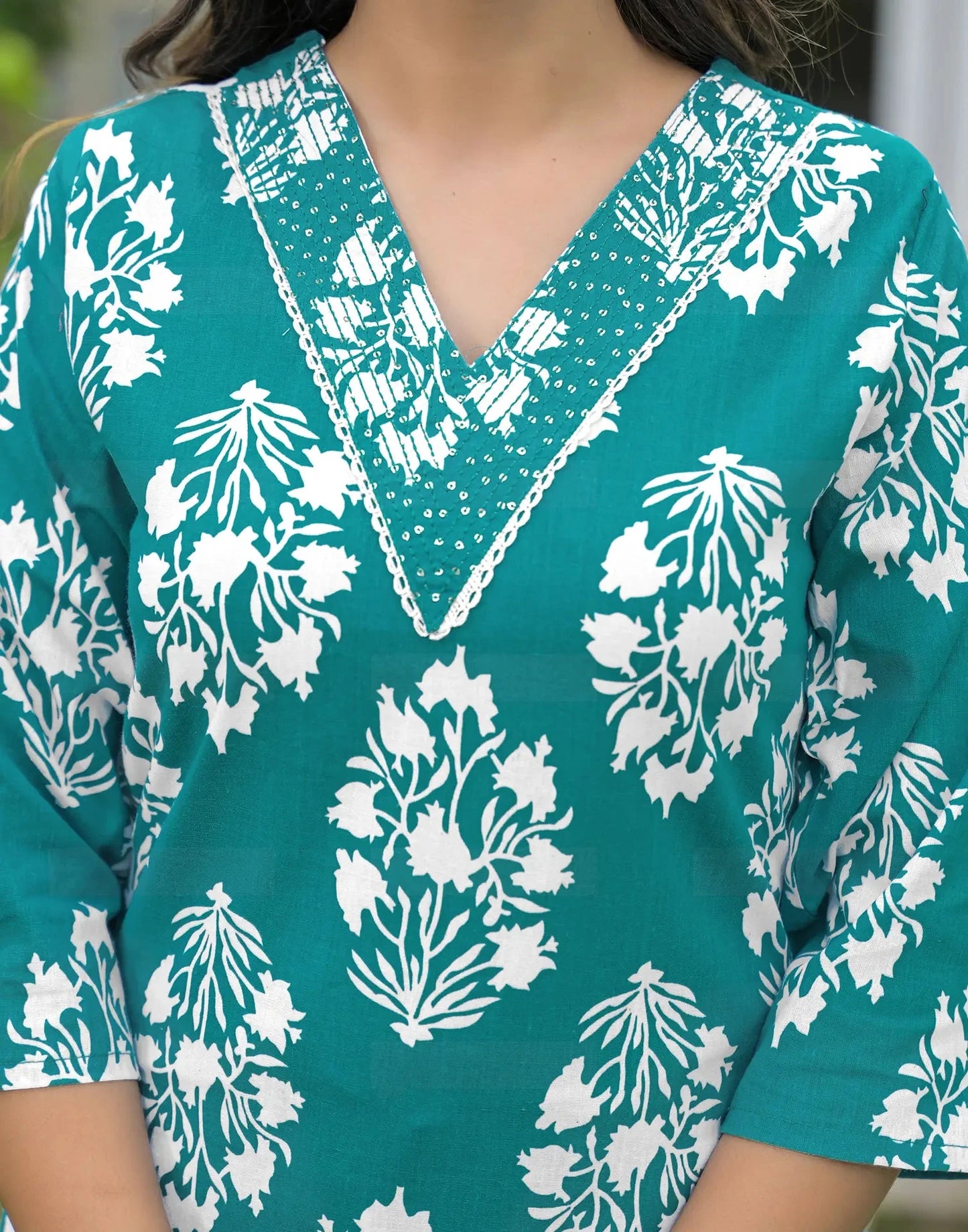 Cotton Embroidered V-Neck Straight Kurta with Pant & Dupatta