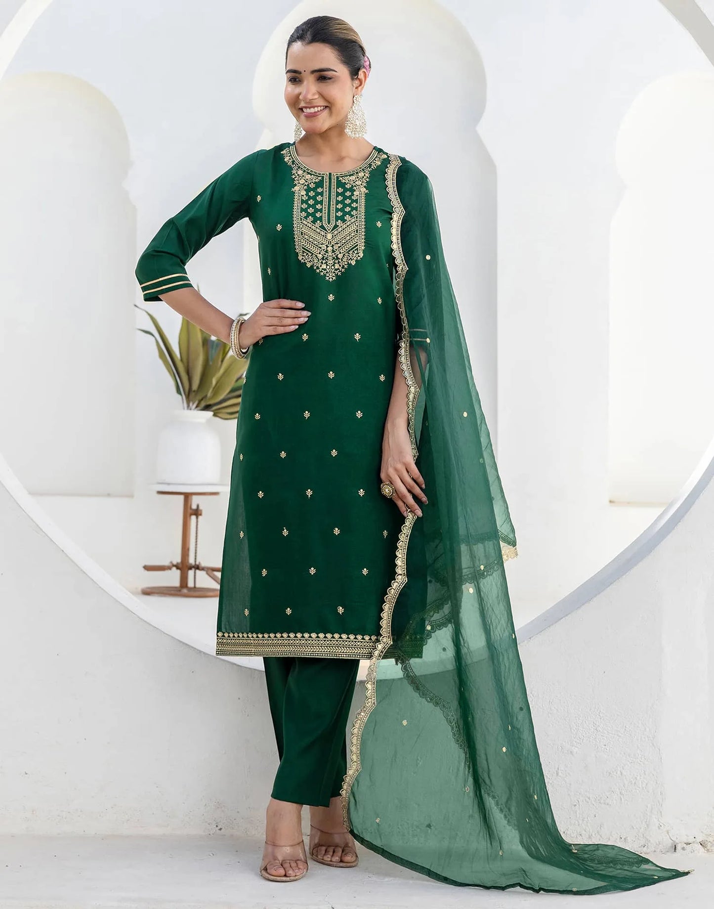 Affordable Dark Green Silk Embroidered Kurta Set with duppatta 