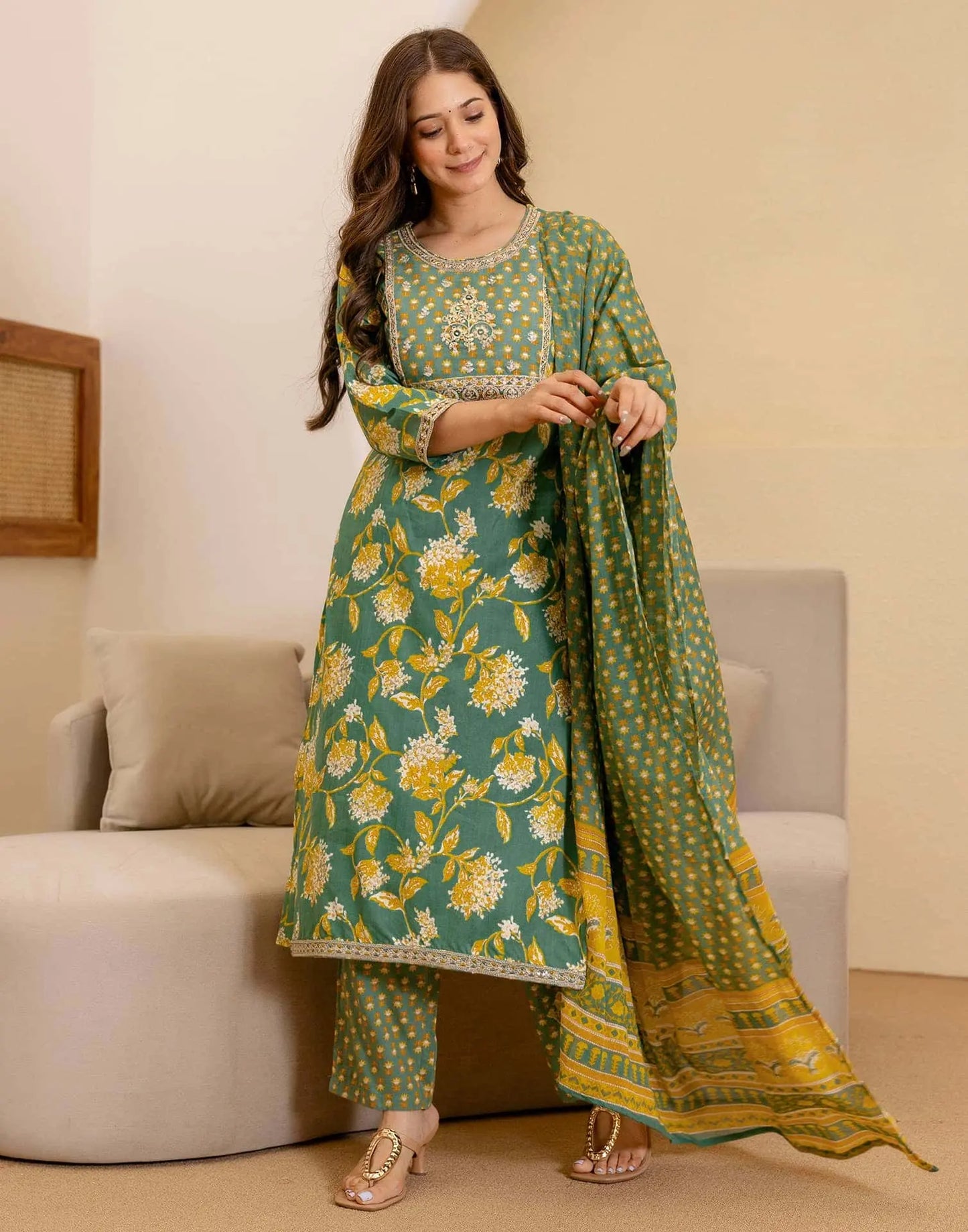 Cotton Printed Straight Kurta with Pant & Dupatta