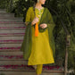 Silk Embroidered V-Neck Straight Kurta with Pant & Dupatta