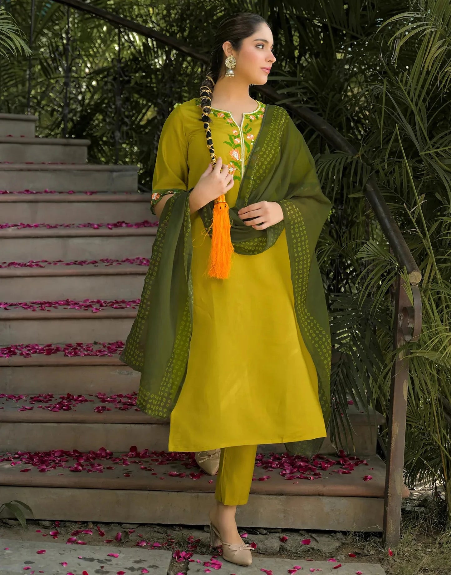 Silk Embroidered V-Neck Straight Kurta with Pant & Dupatta