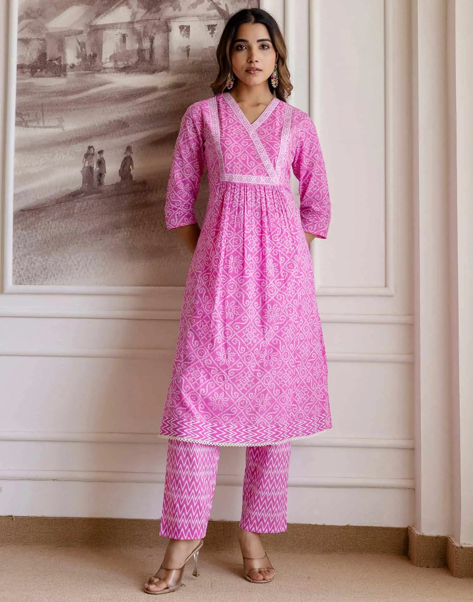 Skylee Pink Cotton Printed Anarkali Kurta Set for Women
