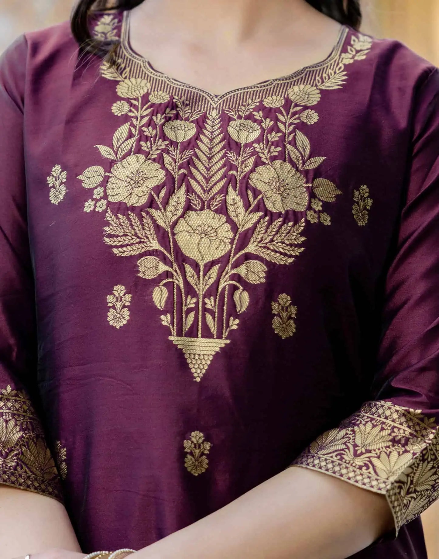 Purple Silk Blend Weaving Straight Kurta Set for Women with Pant & Dupatta