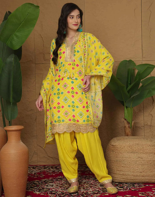 Yellow Silk Printed Straight Kurta Set for Women with Patiala Pant and Dupatta