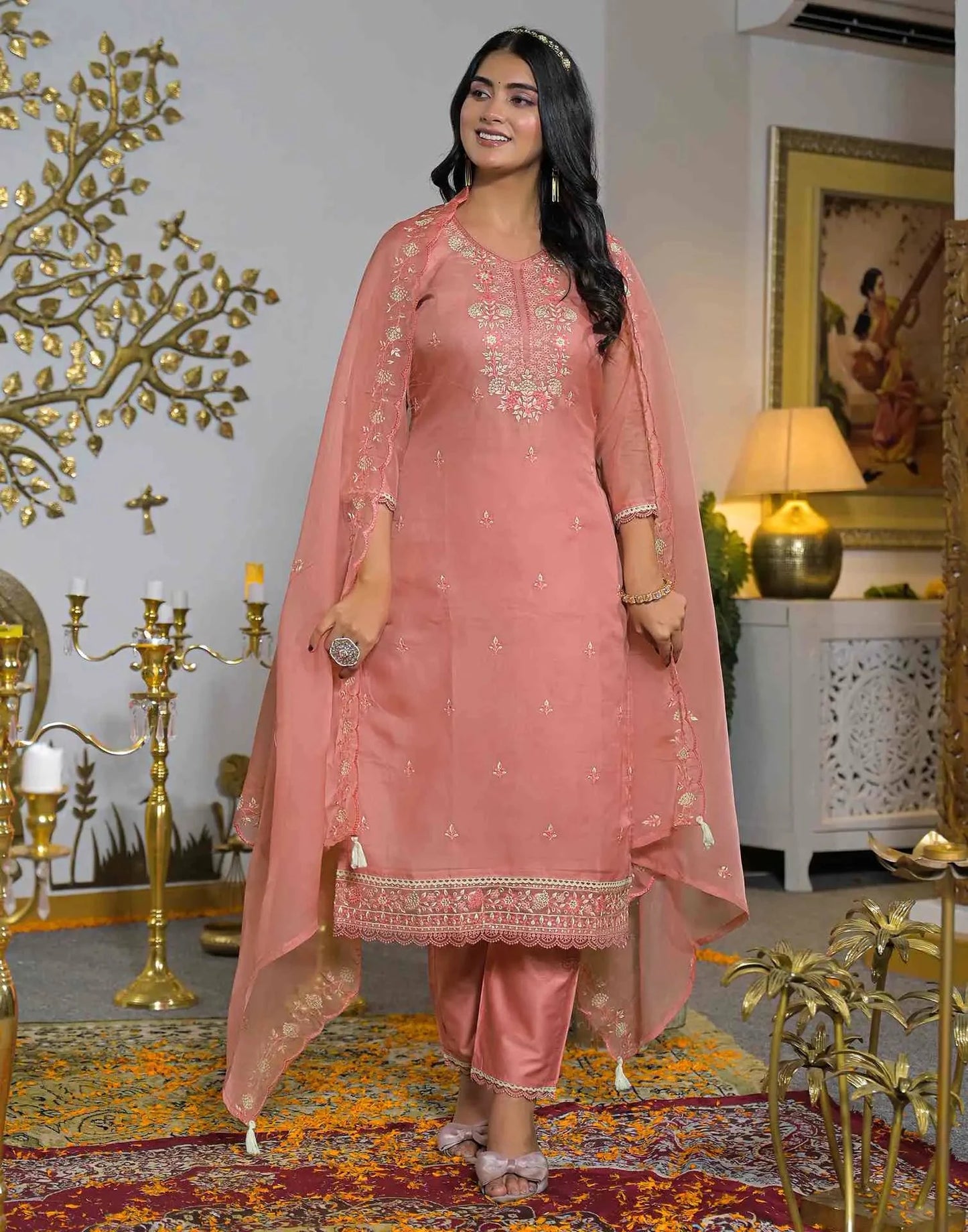 Organza Embroidered Straight V-Neck Kurta with Pant & Dupatta