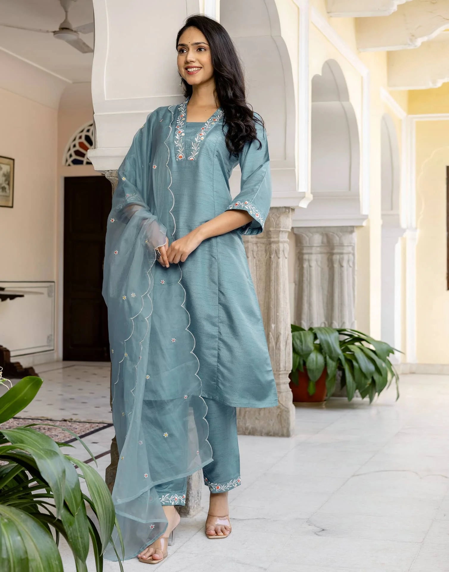 Blue Silk Blend Embroidered Straight Kurta Set with Pant and Dupatta for Women