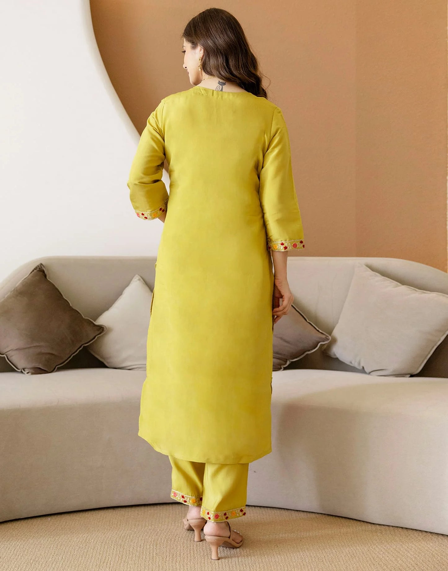 Yellow Silk Embroidered Straight Kurta Set with Pant & Dupatta for Women under 1299