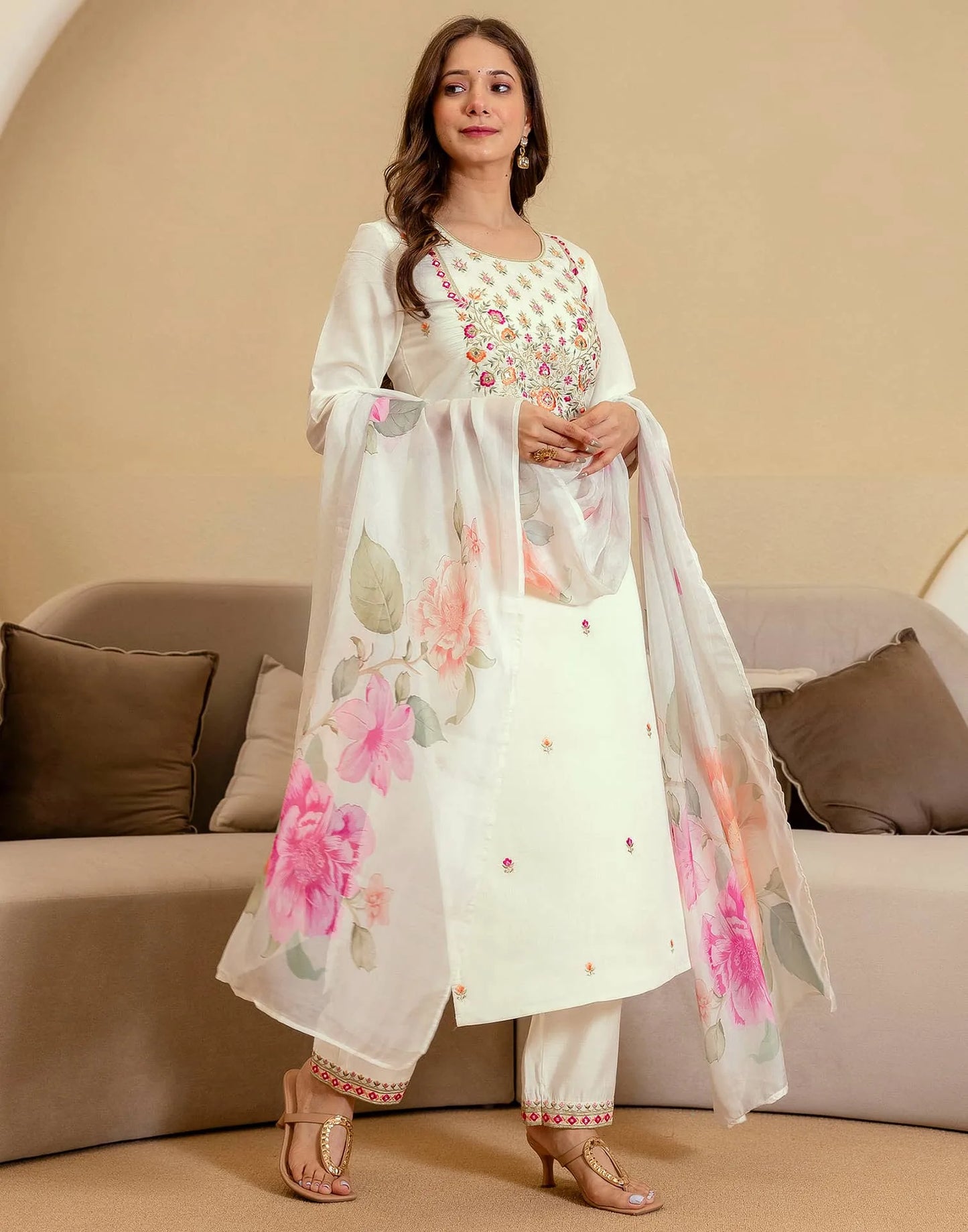 Off White Silk Blend Embroidered Straight Kurta Set for Women with Pant and Dupatta