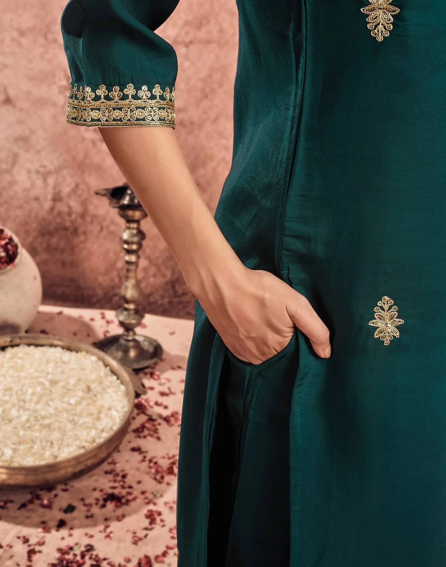 Silk Blend Embroidered Straight Kurta with Pant & Dupatta