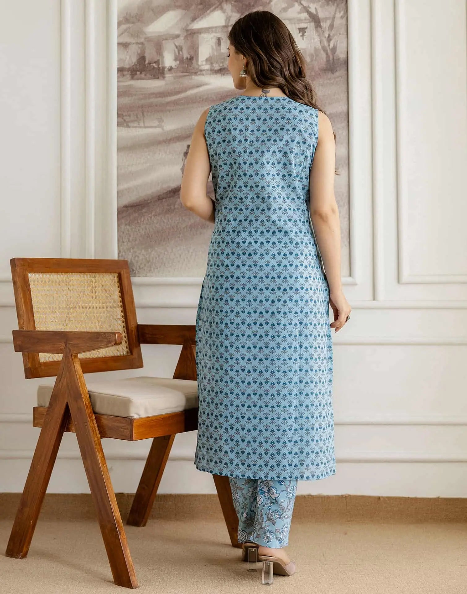 Affordable Blue Cotton Printed Straight Kurta Set with Pant & Dupatta under 999