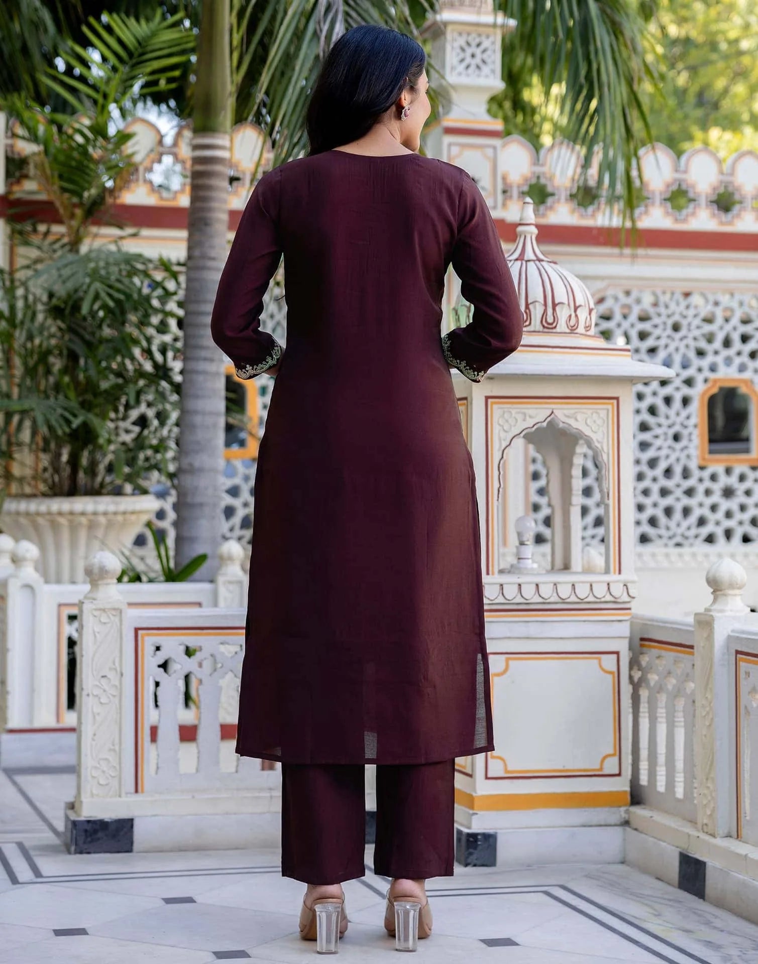Skylee Brown silk straight kurta set with embroidery and sequins work with pant and dupatta