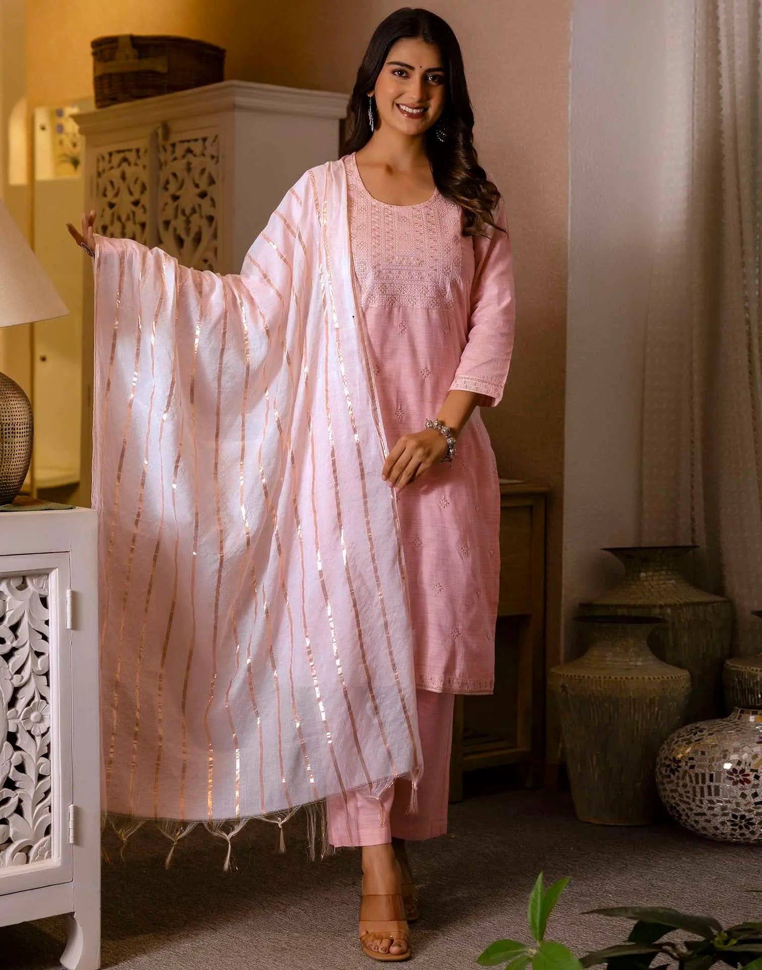 Pink Cotton Woven Design Straight Kurta Set for Women with Pant and Dupatta
