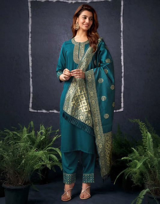 Cotton Blend Sequence Embroidery, Foil Print and Lace Straight Kurta with Pant & Dupatta