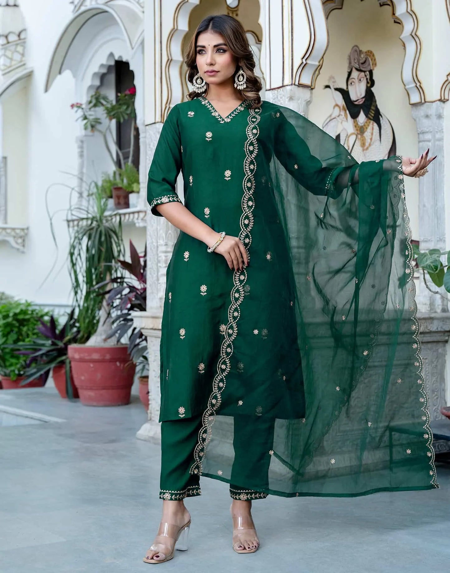 Silk Blend Embroidered Straight Kurta with Pant & Dupatta