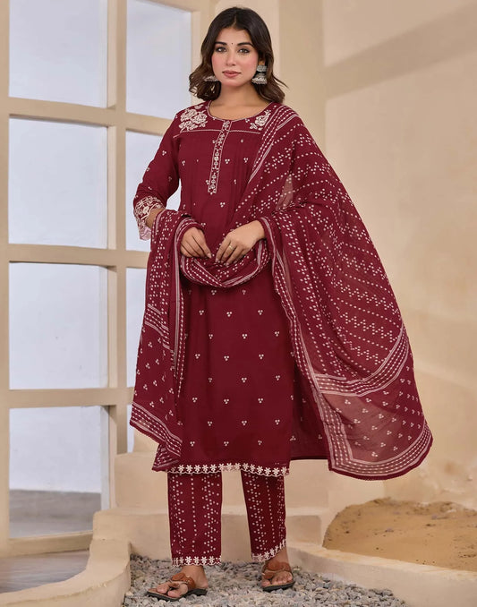 Maroon Cotton Embroidered Straight Kurta Set with Pant & Dupatta for Women Affordable Ethnic Wear under 1299
