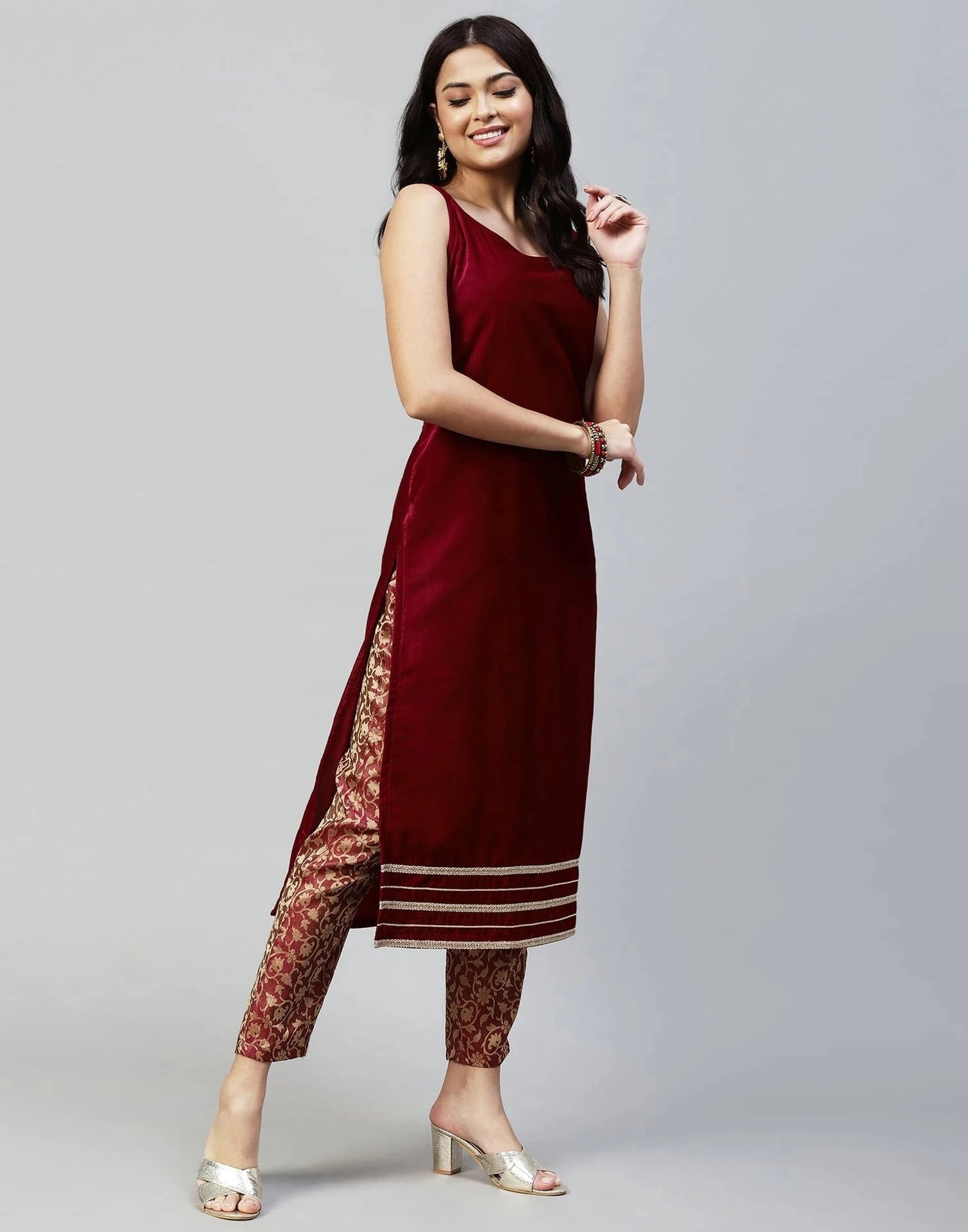 Maroon Velvet Straight Kurta Set with Pants & Dupatta under 1000