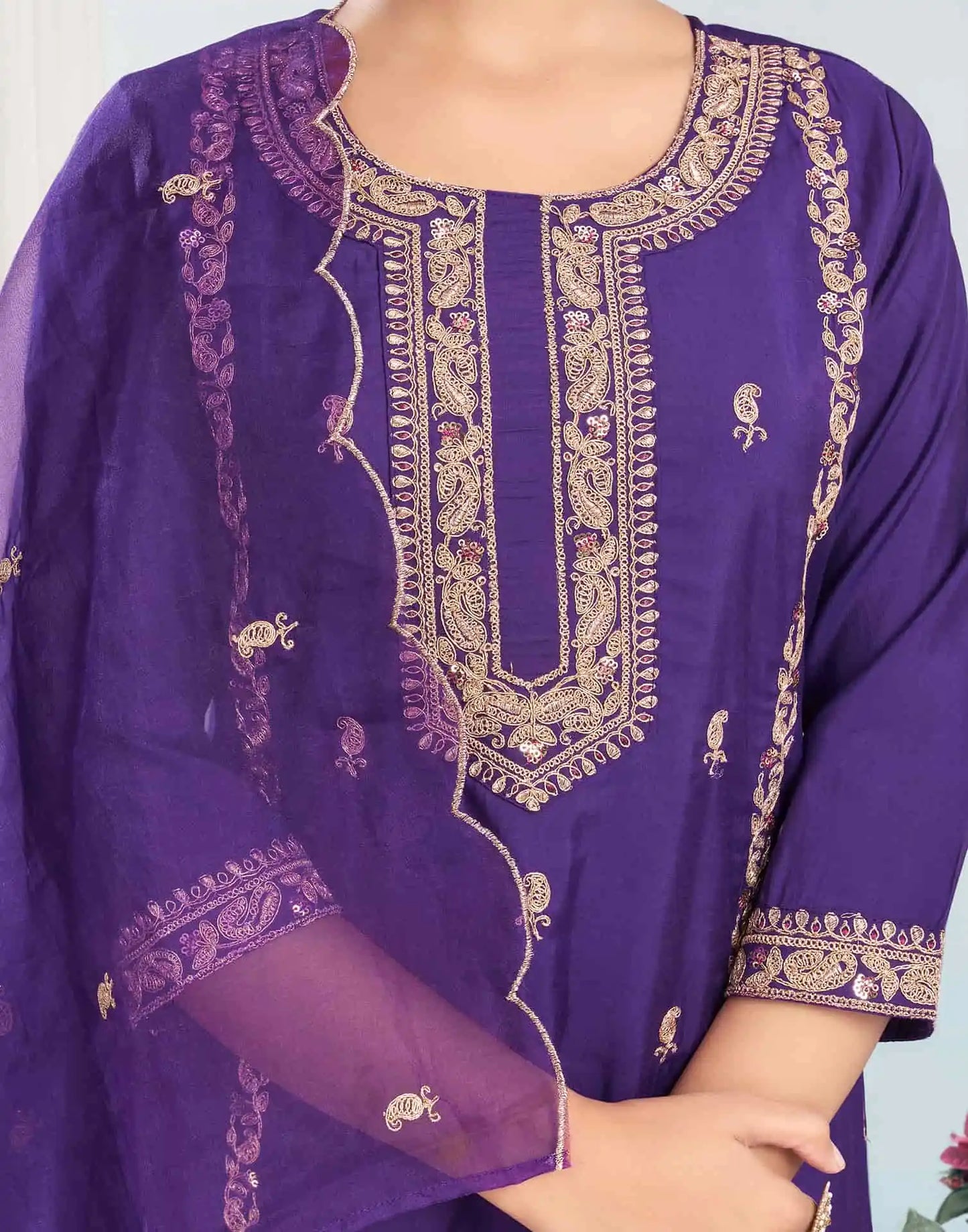 Silk Blend Embroidered Straight Kurta with Pant & Dupatta