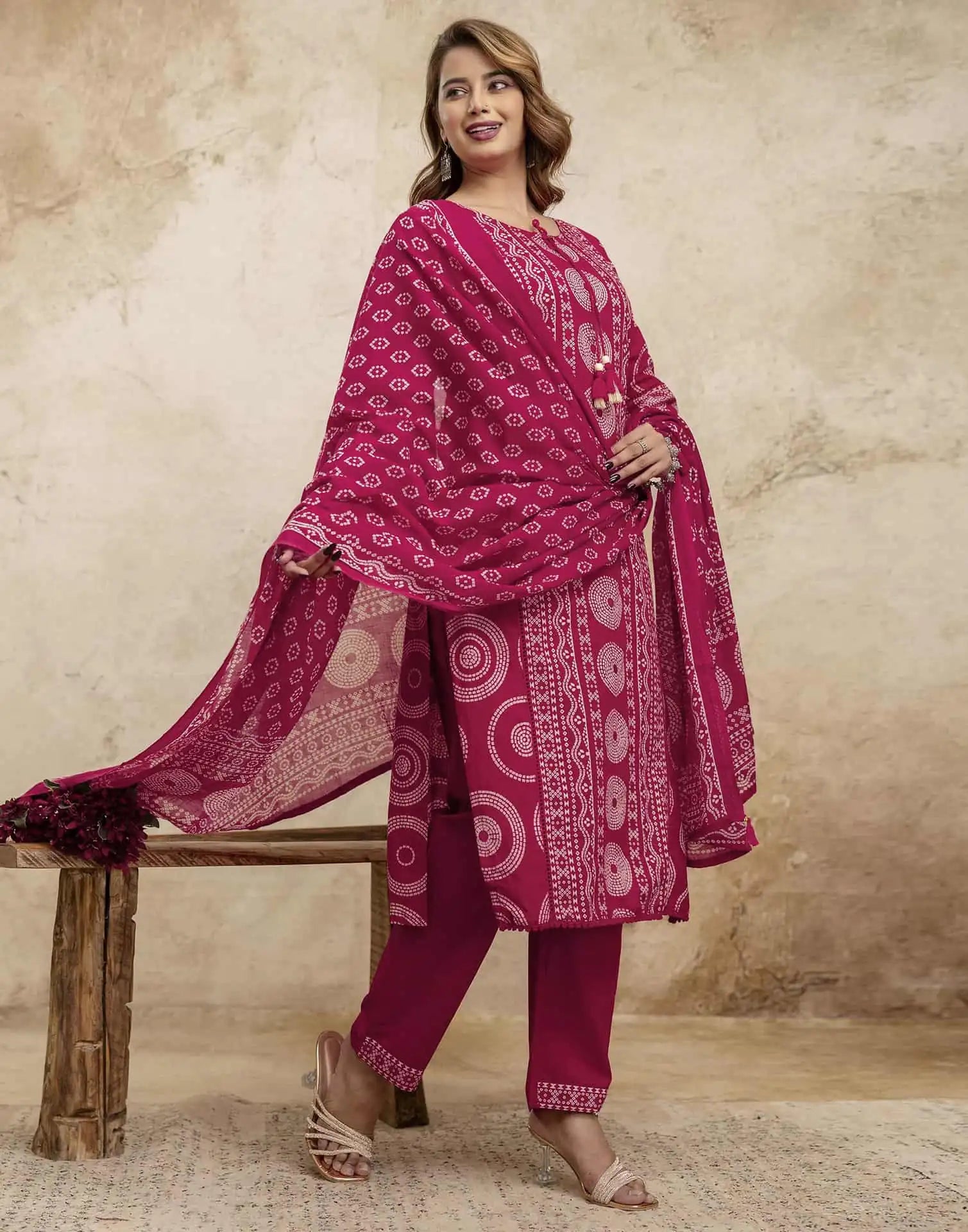 Pink Cotton Bandhani Printed Straight Kurta Set with Pant and Dupatta