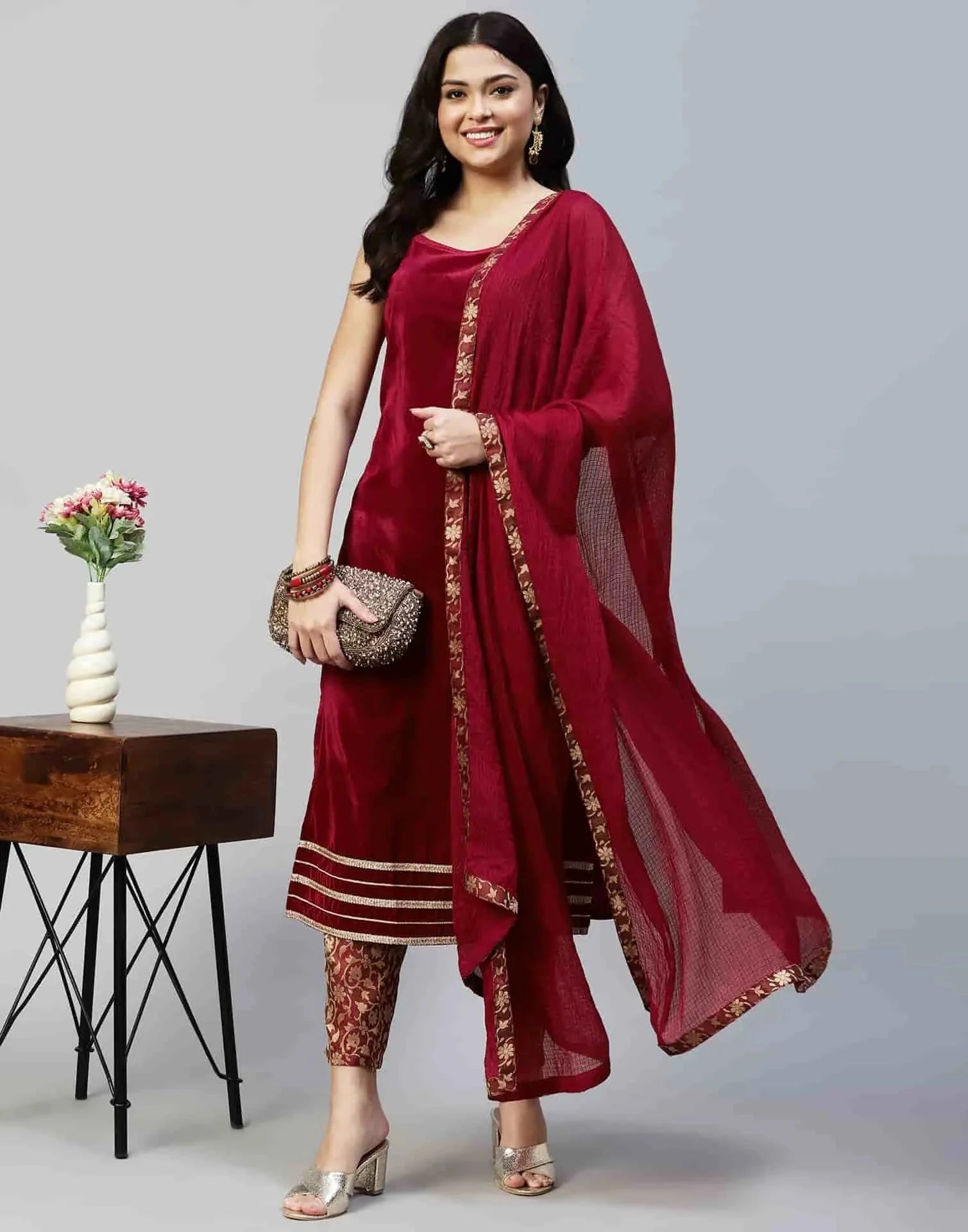 Maroon Velvet Straight Kurta Set with Pants & Dupatta under 1000