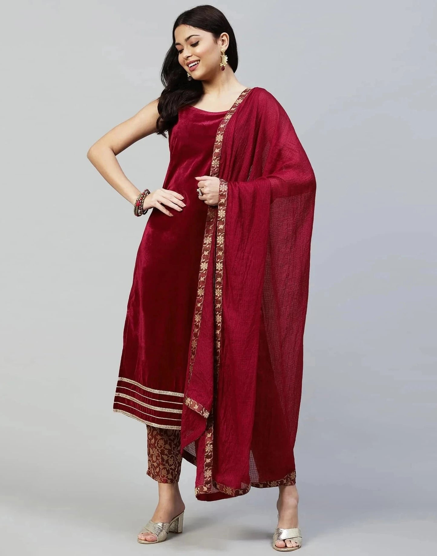 Maroon Velvet Straight Kurta Set with Pants & Dupatta under 1000